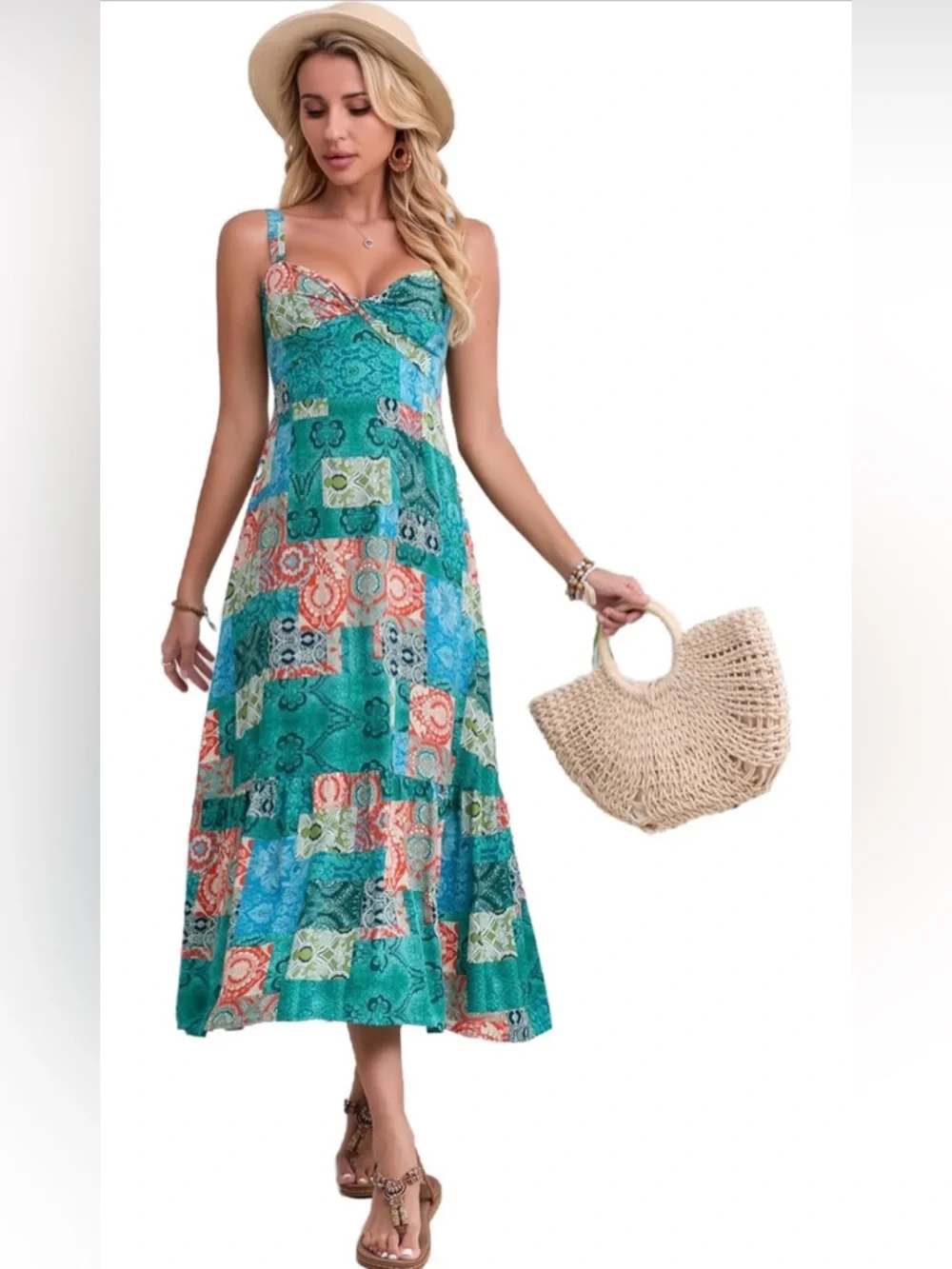 NWOT Boho Floral Adjustable Strap V Neck Beach Flowy Maxi Sundress - Picture 16 of 16